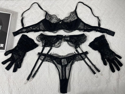 Lorna 4-Piece Black Lace Lingerie Set with Lace Gloves