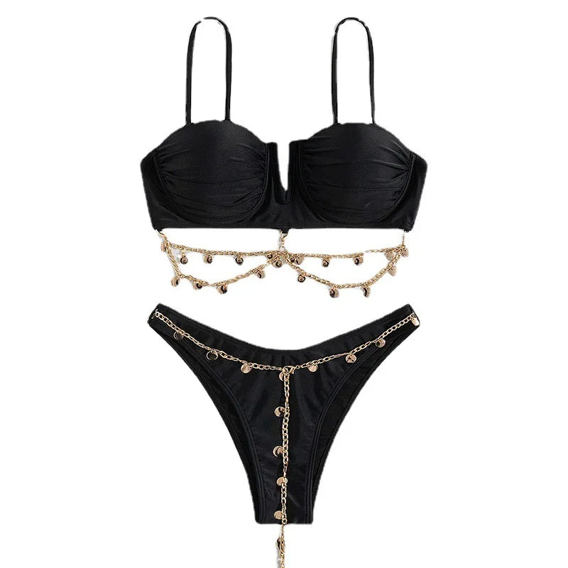 This image features the Elise Black Bandeau Bikini. The bandeau style bikini is against white background highlighting the intricate gold chain and gold trinket accents.
