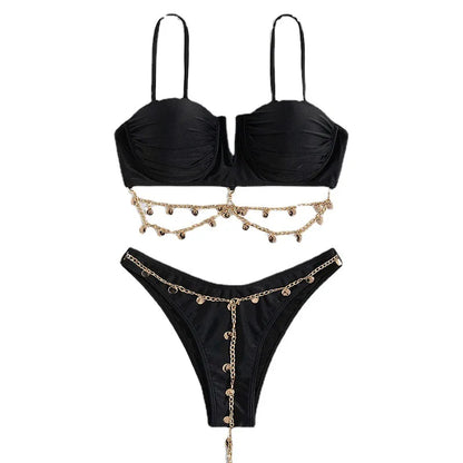 This image features the Elise Black Bandeau Bikini. The bandeau style bikini is against white background highlighting the intricate gold chain and gold trinket accents.