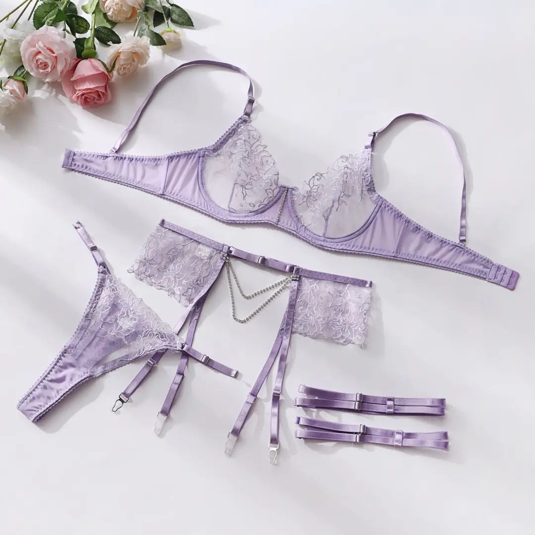 Lydia 3-Piece Purple Floral Embroidery Lingerie Set