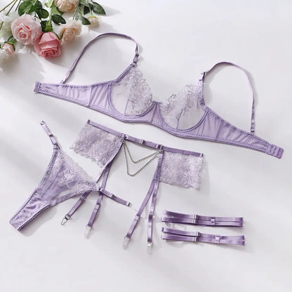 Lydia 3-Piece Purple Floral Embroidery Lingerie Set