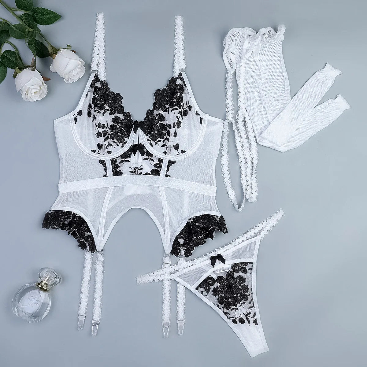 Lorelei Embroidered Floral White 3-Piece Bodysuit with Stockings