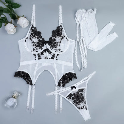 Lorelei Embroidered Floral White 3-Piece Bodysuit with Stockings