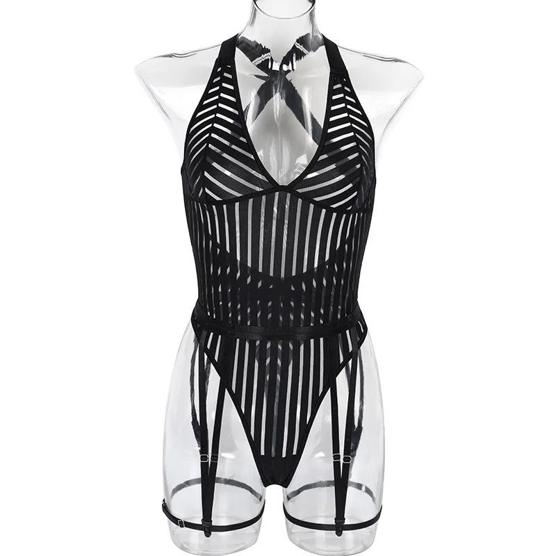 Taylor 1-Piece Classic Striped Black Teddy With Garters