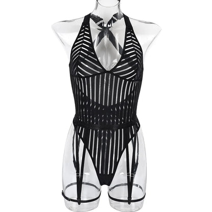 Taylor 1-Piece Classic Striped Black Teddy With Garters