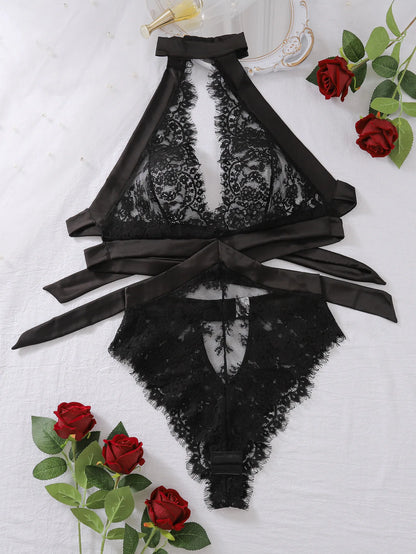 Bella Black Halter Neck Lace Teddy