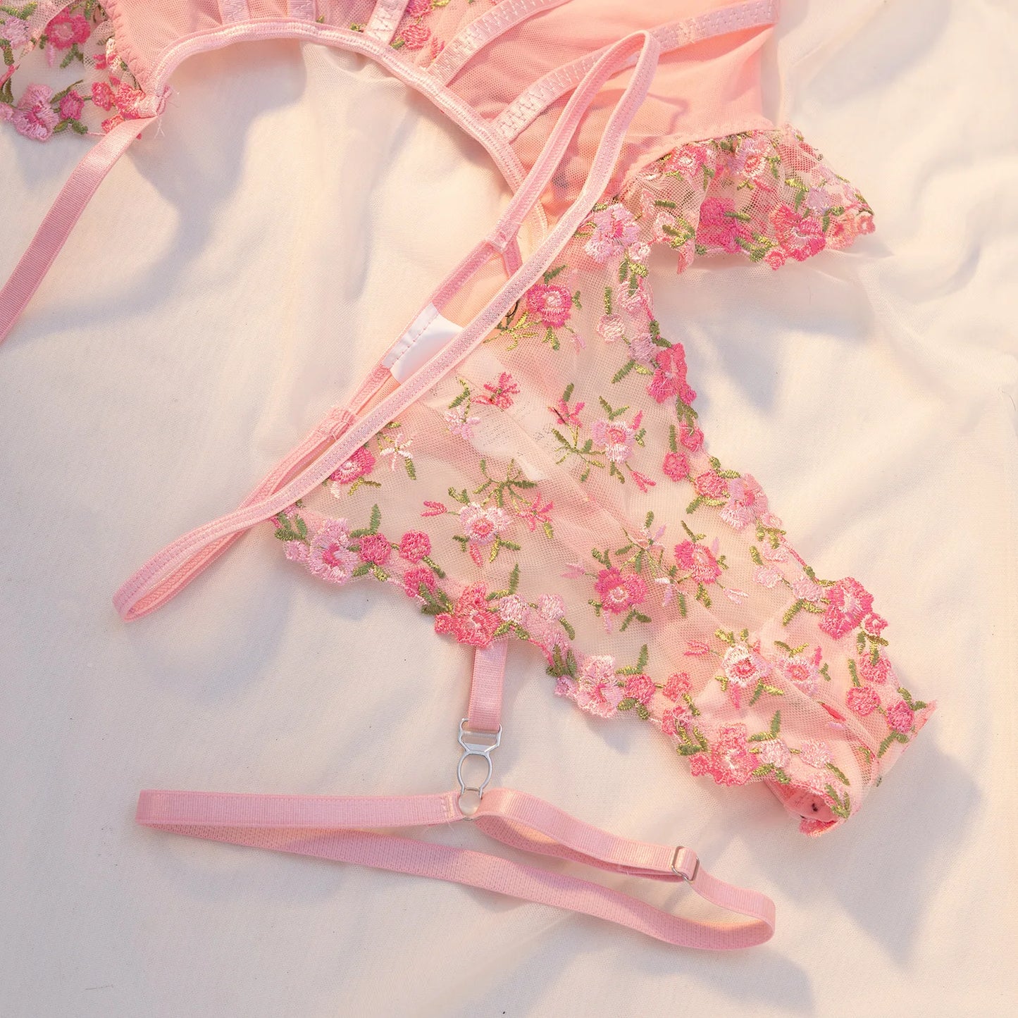 Lavinia Pink Floral Embroidery 3-Piece Lingerie Set