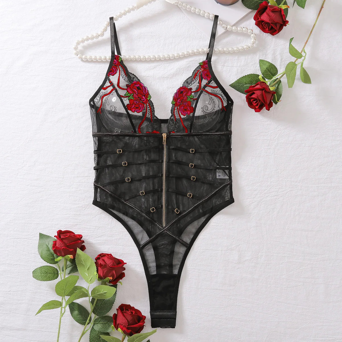 Tessa Black Floral Embroidery Front Zipping Bodysuit