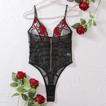 Tessa Black Floral Embroidery Front Zipping Bodysuit