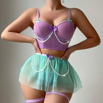 Lisette Mermaid-Themed Lingerie Set with Skirt and Fishnet Stockings
