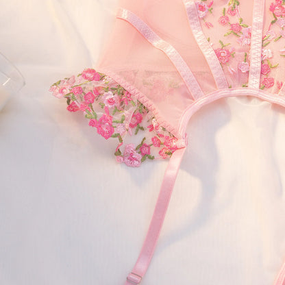 Lavinia Pink Floral Embroidery 3-Piece Lingerie Set