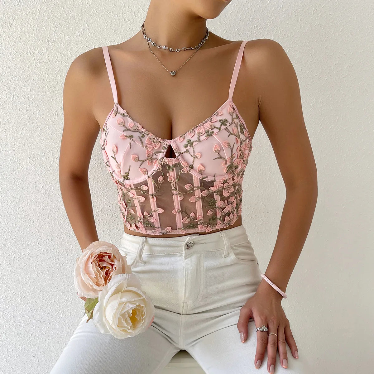 Claire Cropped Floral Embroidery Corset Top