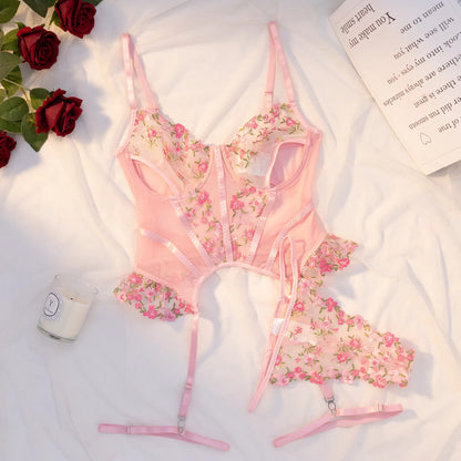 Lavinia Pink Floral Embroidery 3-Piece Lingerie Set